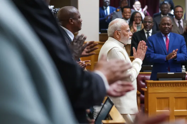 Prime Minister Narendra Modi greeting members of Namibian National Assembly after his address 