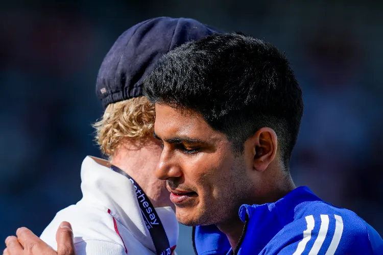 India's captain Shubman Gill and England's captain Ben Stokes exchange greetings after the latter won the third test cricket match against India In London