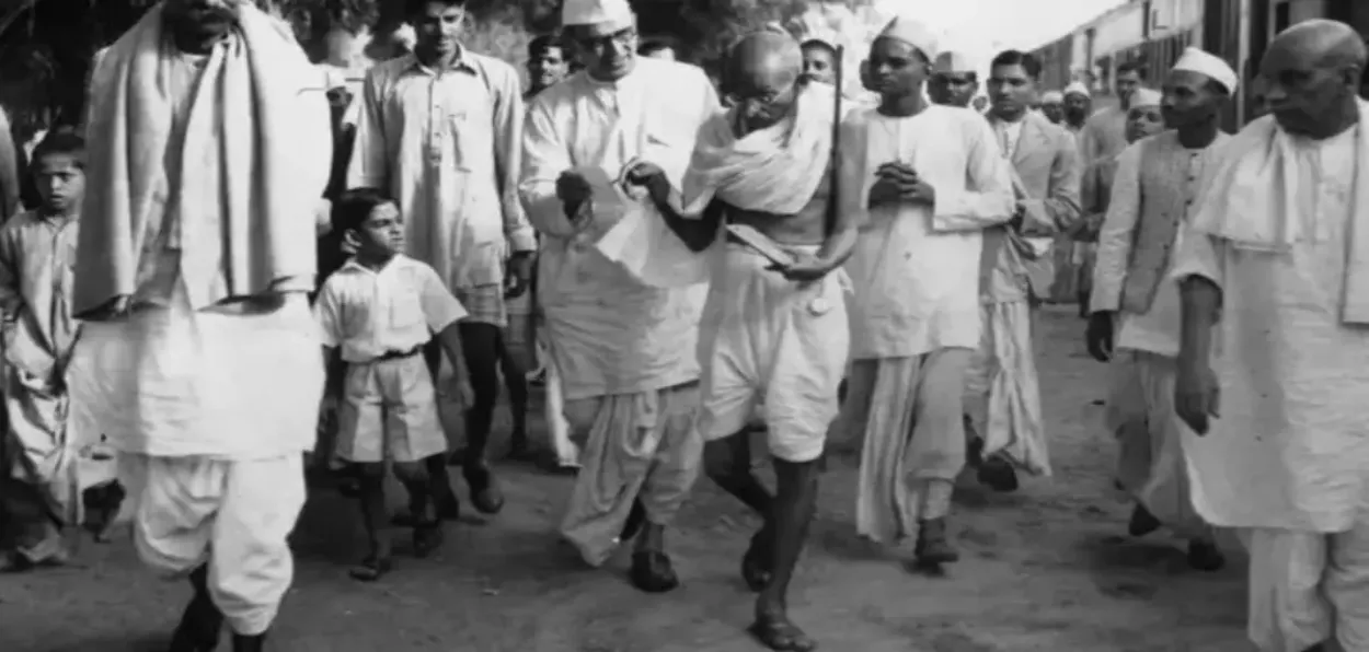An archival image of Mahatma Gandhi leading Champaran Satyagrah