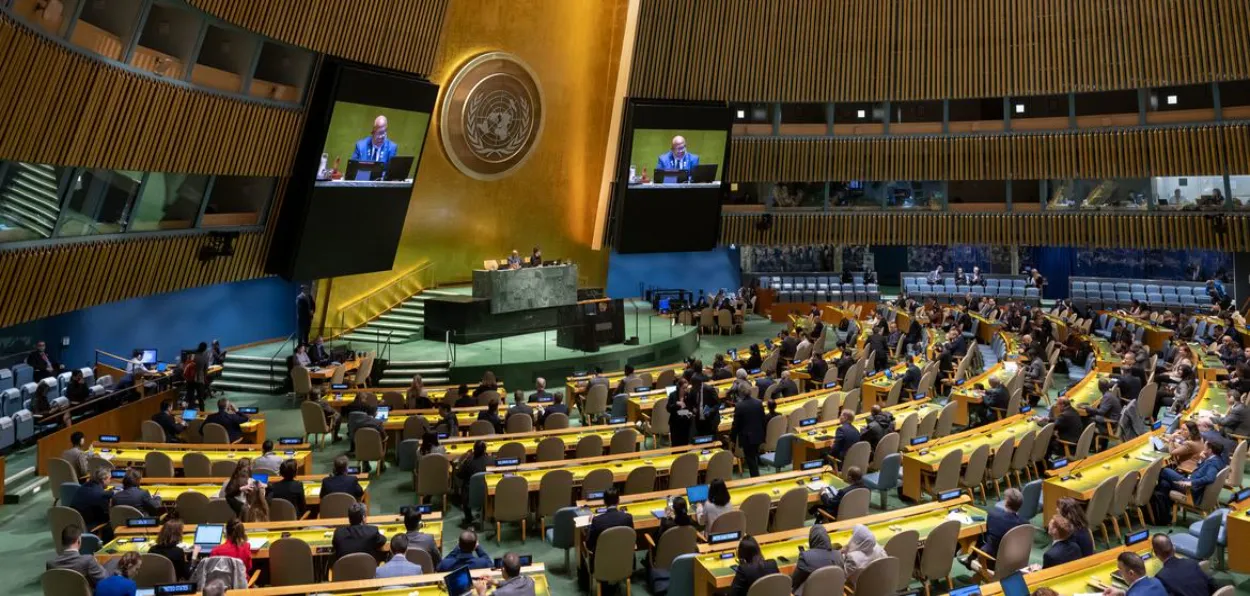 General view of UN General Assembly as members discuss the issue of Palestine