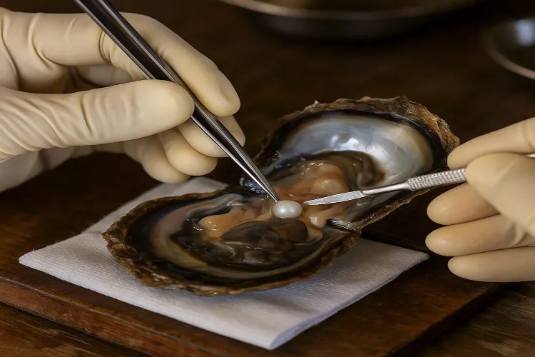 A pearl being harvested from an oyster