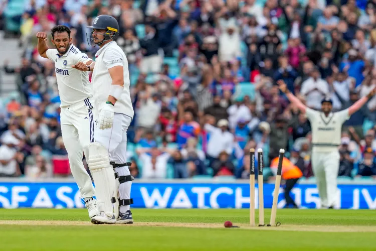 London: England's Prasidh Krishna celebrates after taking the wicket of England's Josh Tongue