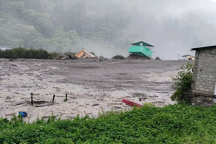 A view of the massive mudslide that struck Dharali village in the Kheer Gad area near Harsil following a cloudburst, in Uttarkashi