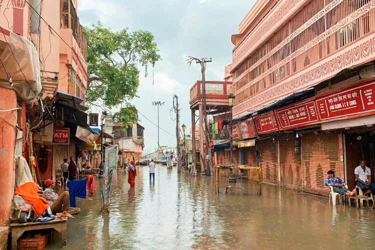 A view of a waterlogged area following the rise in water level of the river Ganga, in Varanasi
