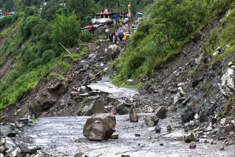 The Uttarkashi-Harsil road gets completely washed out due to a cloudburst and landslides at various places, at Bhatwadi in Uttarkashi
