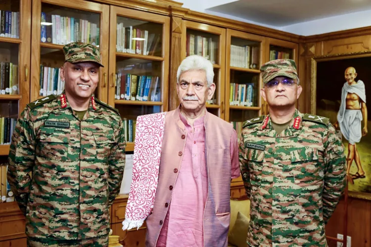 General Officer Commanding-in-Chief (GOC-in-C), Northern Command, Lieutenant General Pratik Sharma(left), along with General Officer Commanding (GOC)15 Corps, Lt. Gen. Prashant Srivastava (right) with Lieutenant Governor Manoj Sinha (center)
