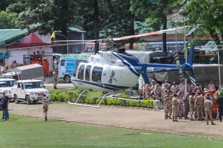 Uttarkashi: A helicopter carrying people evacuated from cloudburst-hit Dharali arrives at Matli, in Uttarkashi