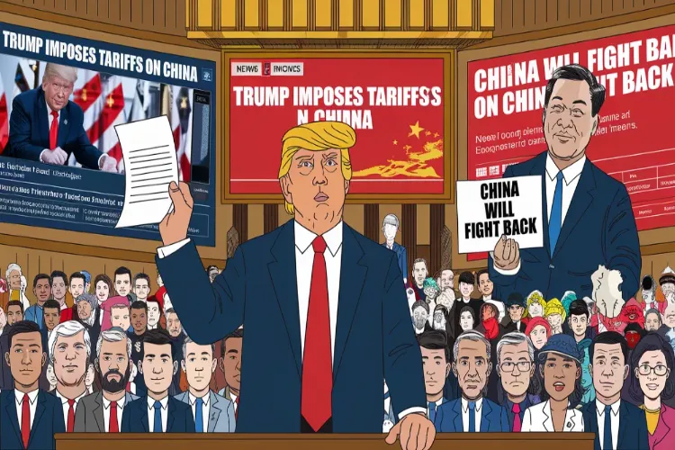 A caricature of US President Donald Trump in the backdrop of his threat top impose huge tariffs on China
