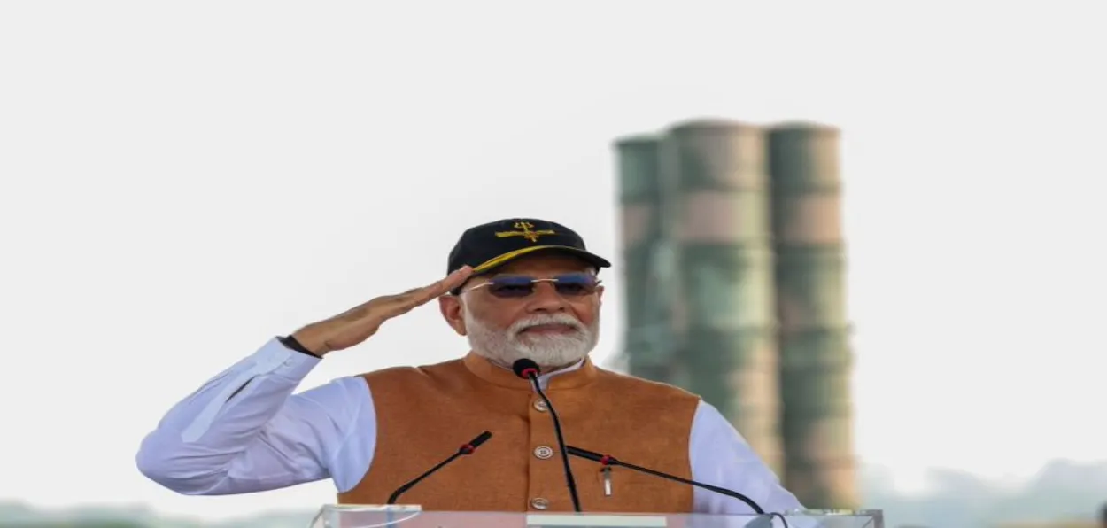 PM Narendra Mod in front of an S-400 launcher at the Adampur air base soon after Operation Sindoor