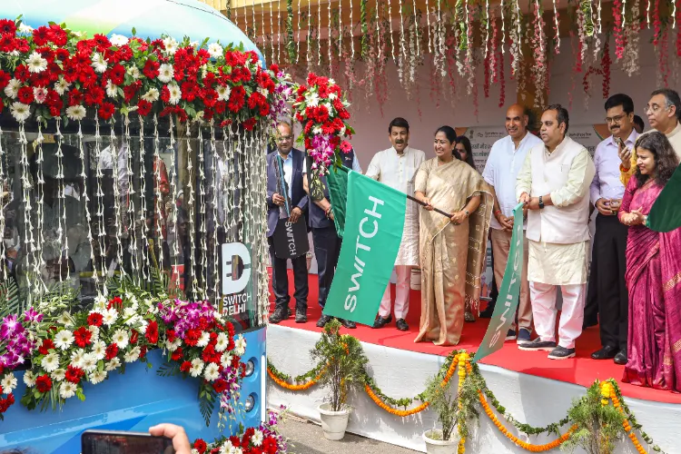 Delhi Chief Minister Rekha Gupta during the flagging off ceremony of 100 new buses