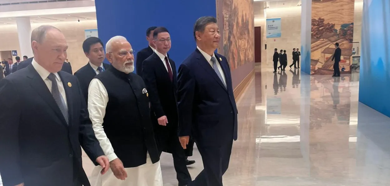 President Vladimir Putin, Prime Minister Narendra Modi and Chinese Premier Xi Jinping during the SCO Summit in Tainjin, China