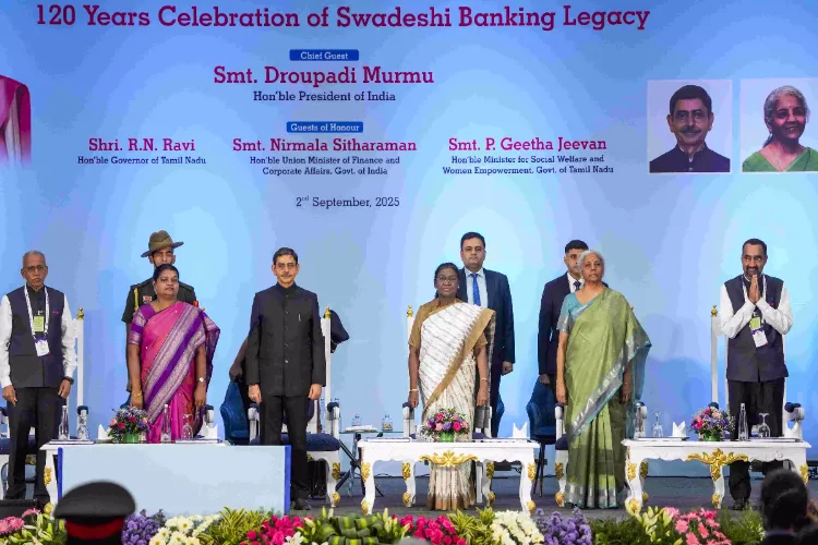 President Droupadi Murmu, Finance Minister Nirmala Sitharaman, Tamil Nadu Governor R.N. Ravi and state Minister Geetha Jeevan during the 120th foundation day celebrations of City Union Bank
