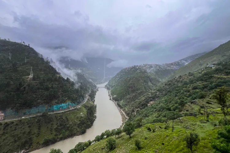 The swollen Chenab river following continuous rainfall, in J&K's Doda district