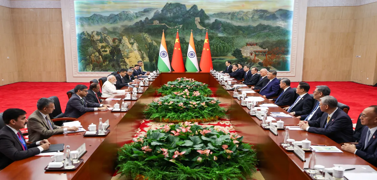 Prime Minister Narendra Modi and Chinese President Xi Jinping holding talks in Tainjin, China