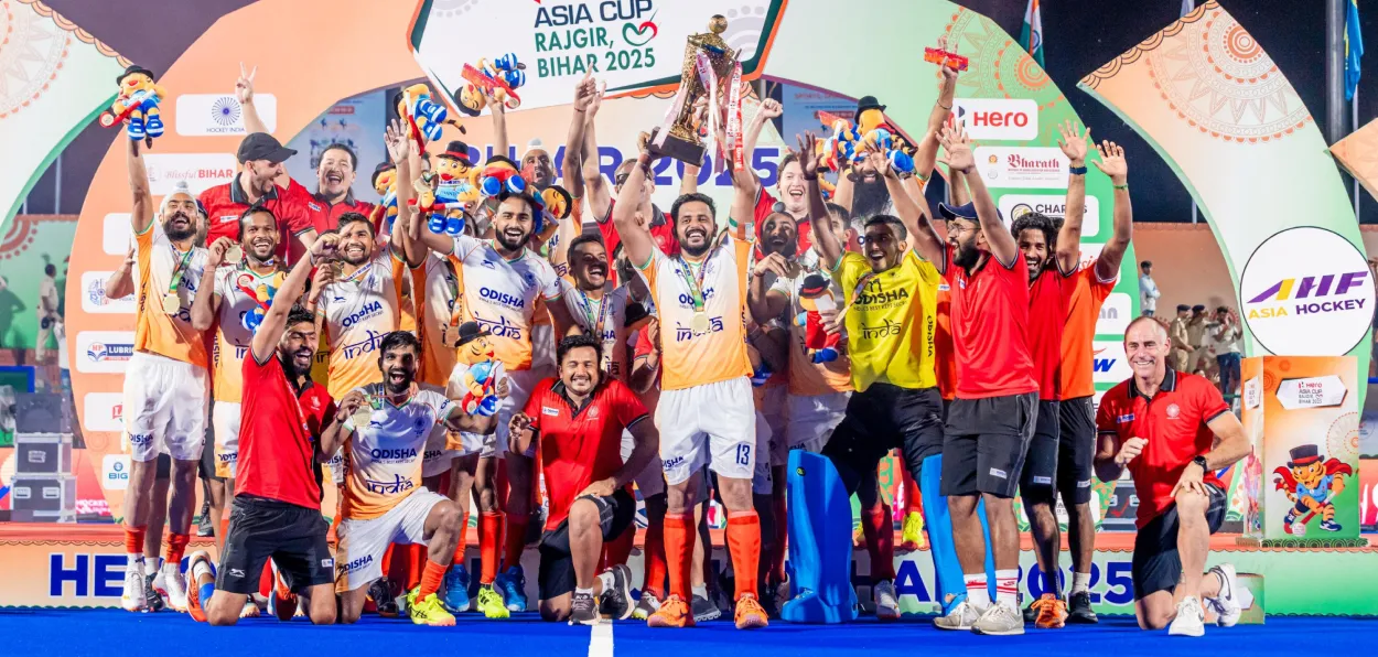 Team India (Hockey) with the coveted Asia Cup at Rajgir, Bihar