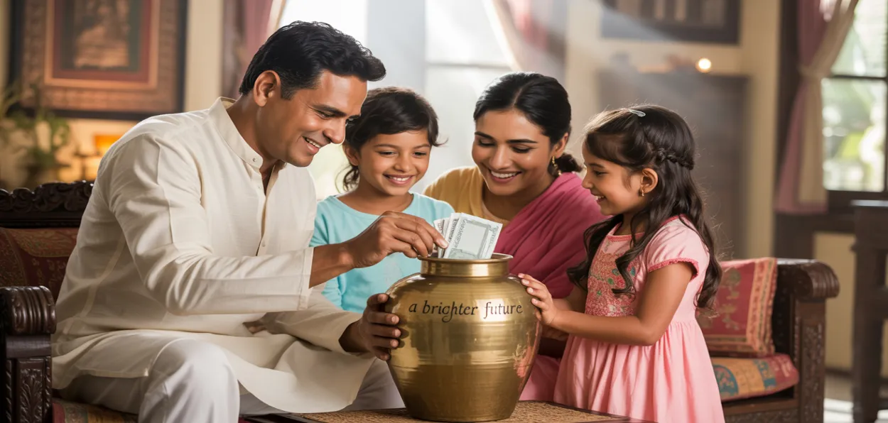 An AI-generated image of an Indian family saving money