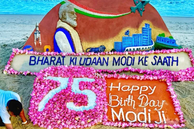  Sudarsan Pattnaik's creation at Puri beach to honour Prime Minister Narendra Modi on his 75th birthday