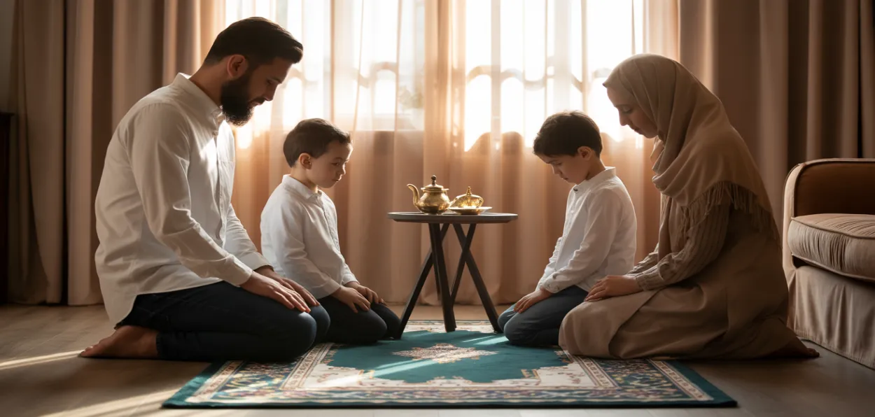 A Muslim family praying together (AI-generated)
