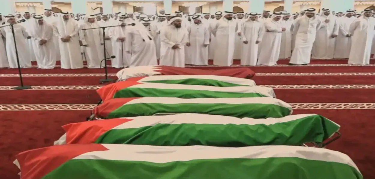 Qatar's Emir Sheikh Tamim bin Hamad Al Thani attends the funeral of those killed in an Israeli attack in Doha.