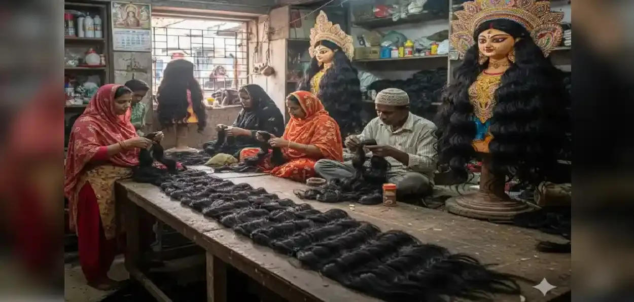 Artisans making wigs for Dura Puja idols