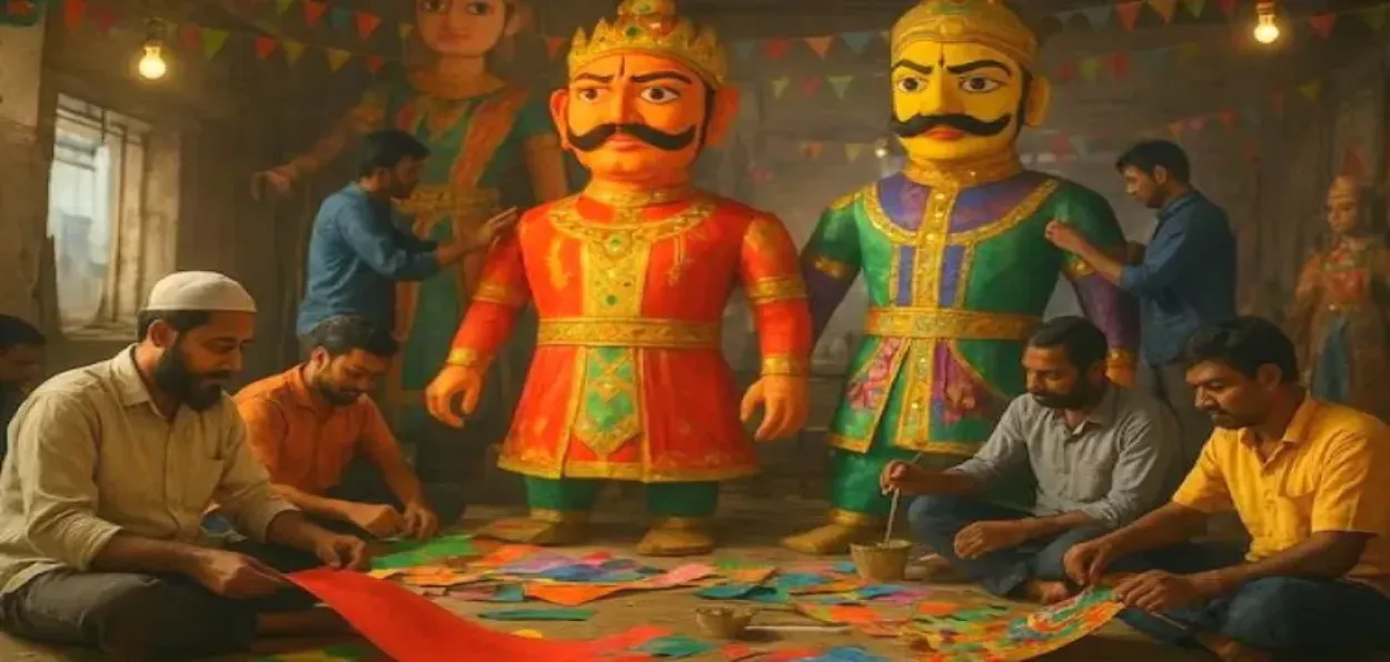 Muslims and Hindus making effigies for Dussehra (AI-generated)