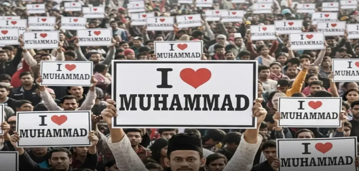 Muslims carrying poster of 'I Love Muhammad' 