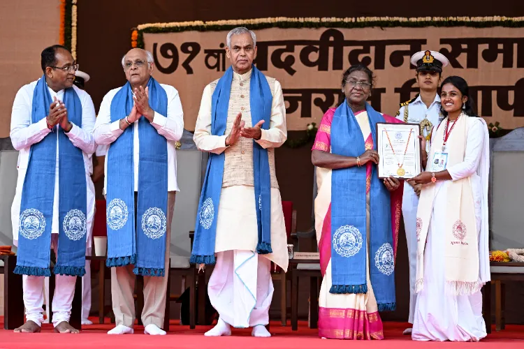 President Droupadi Murmu with Gujarat Chief Minister Bhupendra Patel and Maharashtra Governor Acharya Devvrat during the 71st convocation ceremony of the Gujarat Vidyapith, in Ahmedabad