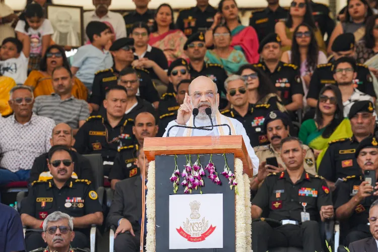Home Minister Amit Shah addresses the gathering during the 41st Raising Day celebrations of the National Security Guard (NSG) and foundation stone laying ceremony for the Special Operations Training Centre (SOTC) at the NSG Garrison in Manesar