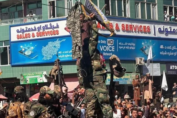 Afghan Taliban displays trousers of the captured Pakistani soldiers in a public place in Nagarhar