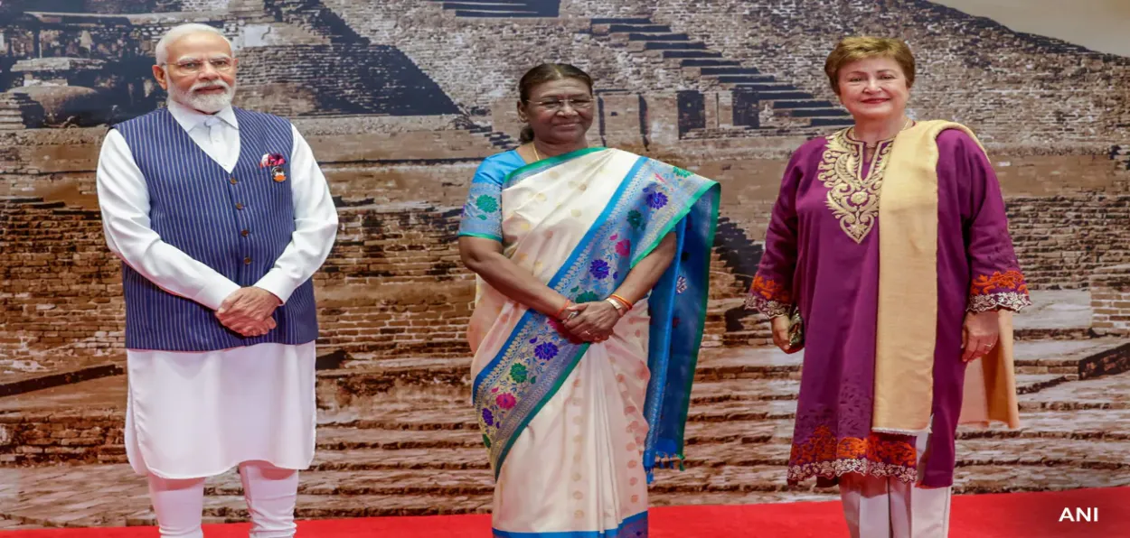 IMF Managing Director, Kristalina Georgieva with Prime Minister Narendra Modi and president Droupdi Murmu at the G-20 summit in New Delhi