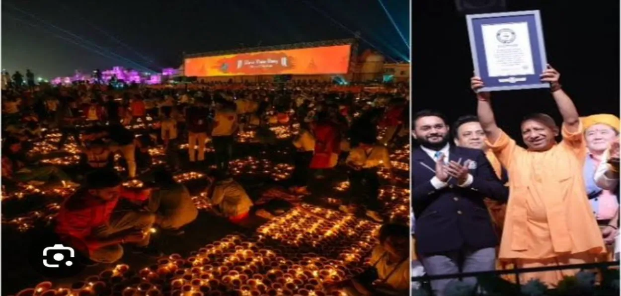 People lighting diya on bank of Saryu river in Ayodhya on Diwali eve; CM Yogi Adityanath showing the document of world record