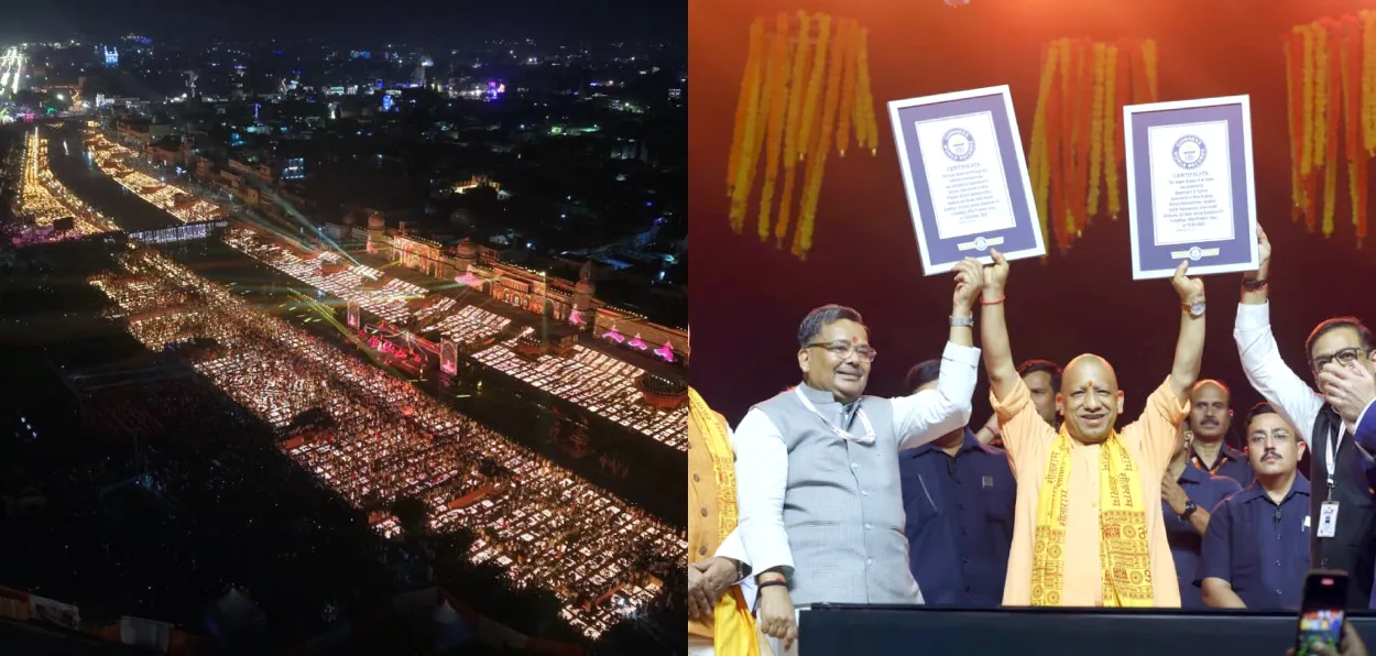 People performing aarti on bank of Saryu river in Ayodhya on Diwali eve; CM Yogi Adityanath showing the document of world record