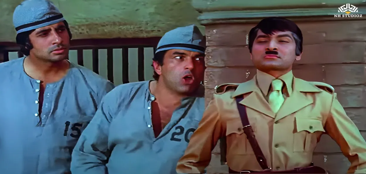 Asrani as jailor with Dharmendra and Amitabh Bacchan in an iconic scene from Sholay