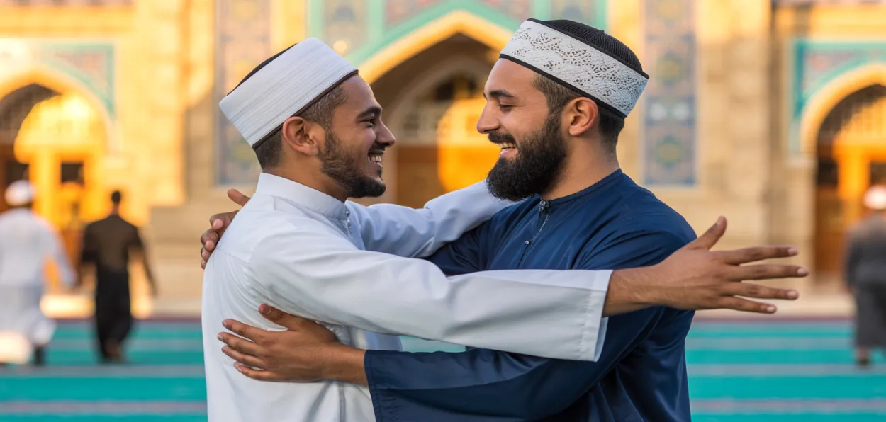 AI-generated image of Muslim men greeting each other