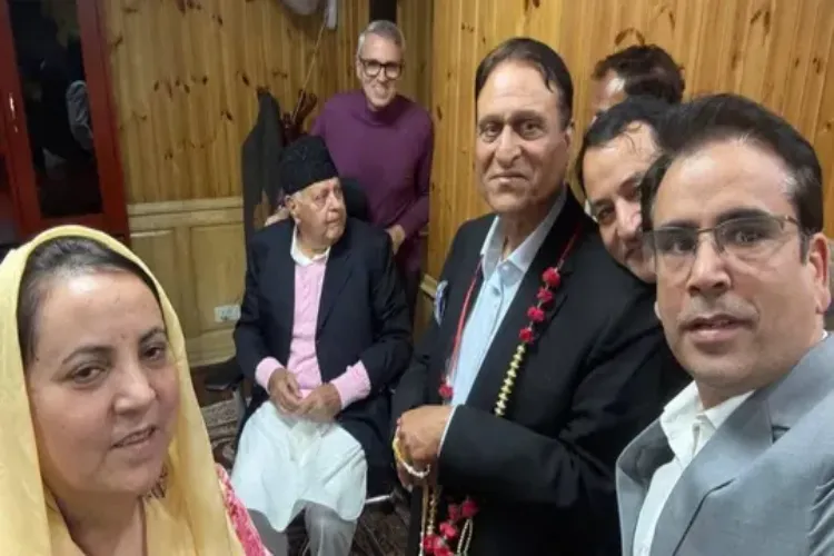 Choudhary Mohammad Ramzan (Weraring garlands), the newly elected Rajya Sabha member with party leaders