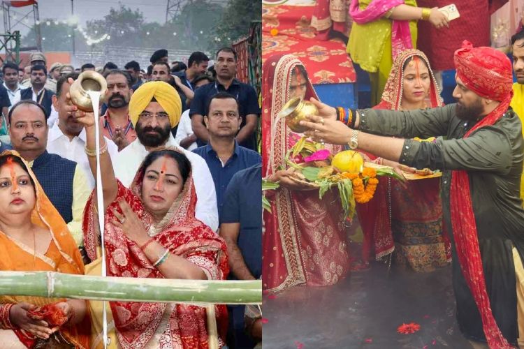 Delhi CM Rekha Gupta and Chirag Paswan performing Chhath Pooja