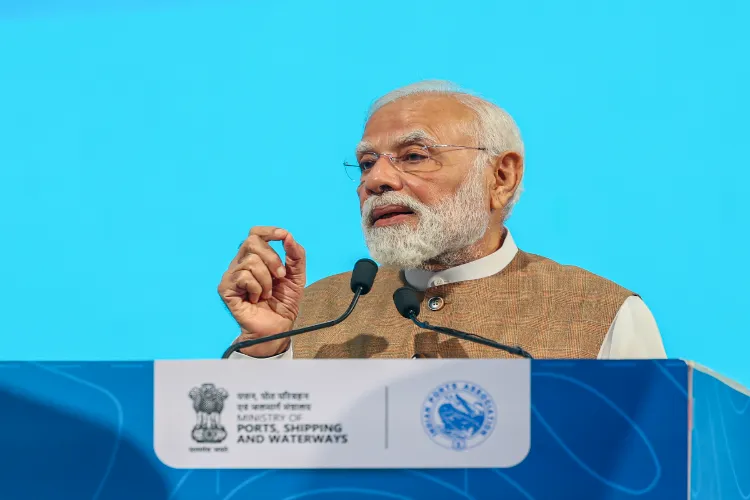 Prime Minister Narendra Modi addresses the gathering during the Maritime Leaders Conclave, in Mumbai.