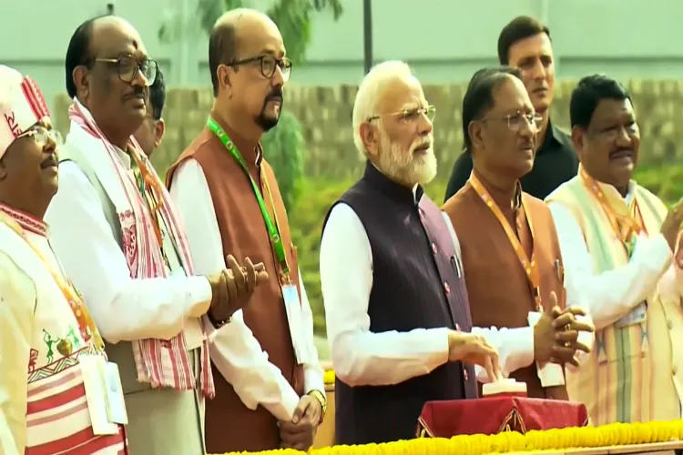 Prime Minister Narendra Modi with Chhattisgarh Chief Minister Vishnu Deo Sai and others during the inauguration of the Shaheed Veer Narayan Singh Memorial and Tribal Freedom Fighters Museum, in Nava Raipur Atal Nagar, Chhattisgarh.