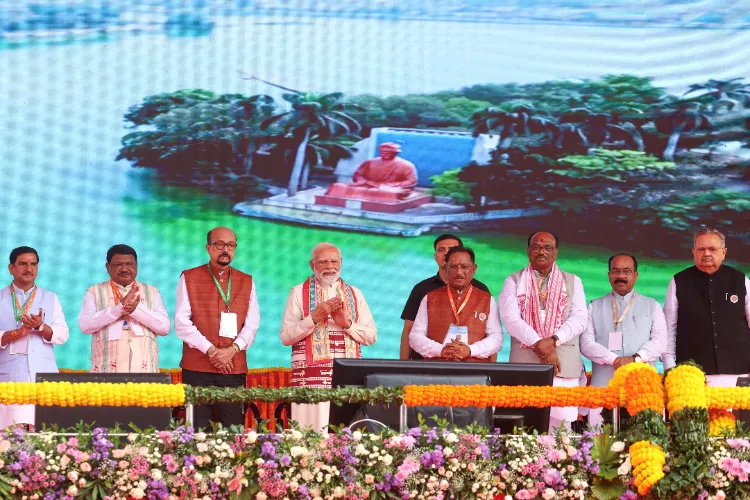 Prime Minister Narendra Modi with Chhattisgarh Chief Minister Vishnu Deo Sai during the 'Chhattisgarh Rajat Mahotsav', organised to mark the 25th anniversary celebration of the formation of Chhattisgarh, in Nava Raipur.