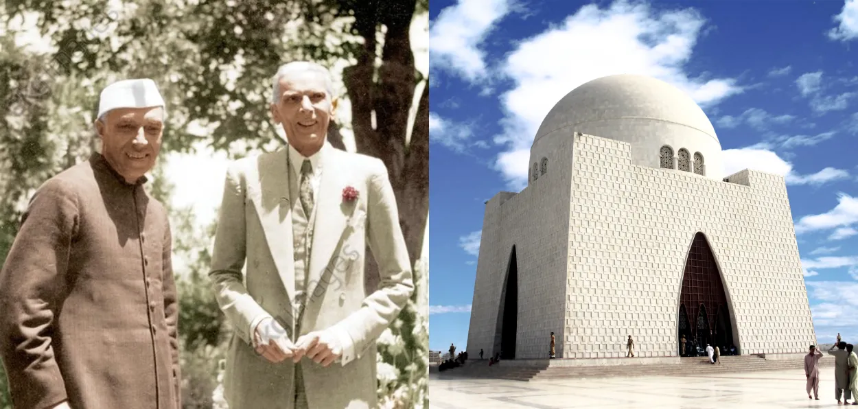 Jawaharlal Nehru with Muhammad Ali Jinnah and Jinnah's mausoleum - Mazar-e-Quaid in Karachi
