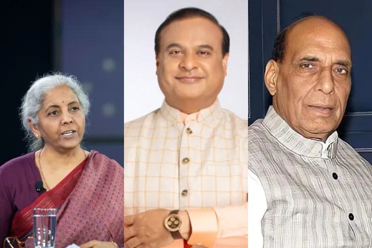 (L to R) Finance Minister Nirmala Sitharaman, Assam Chief Minister Himanta Biswa Sarma and Union Defence Minister Rajnath Singh 
