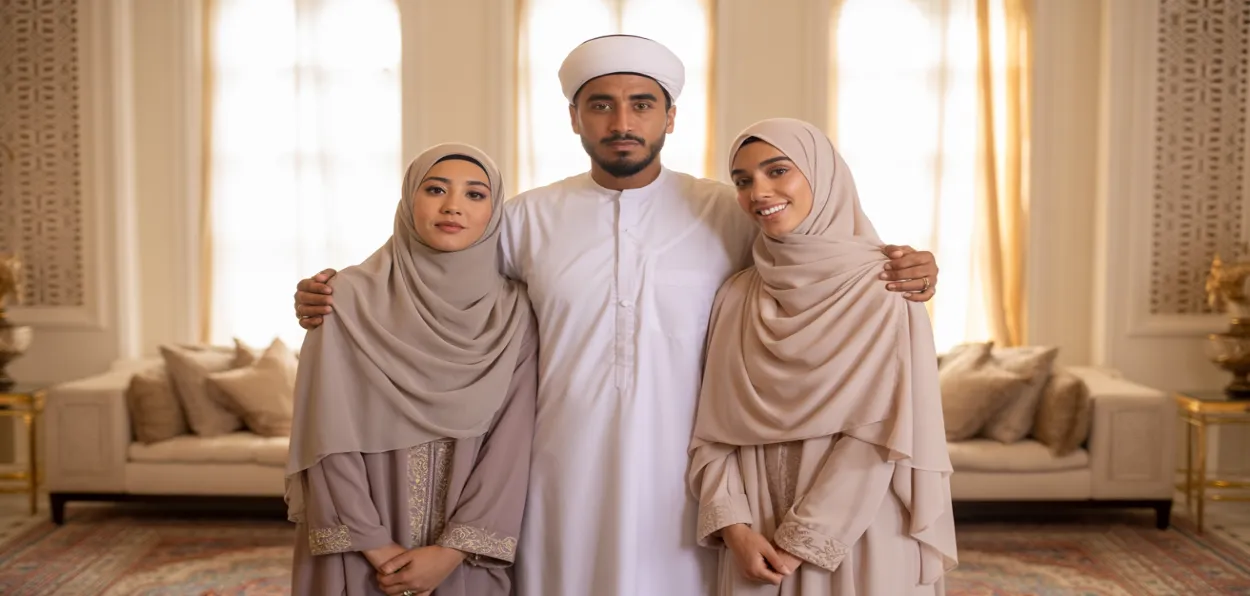 AI-generated image of a Muslim man with his wives