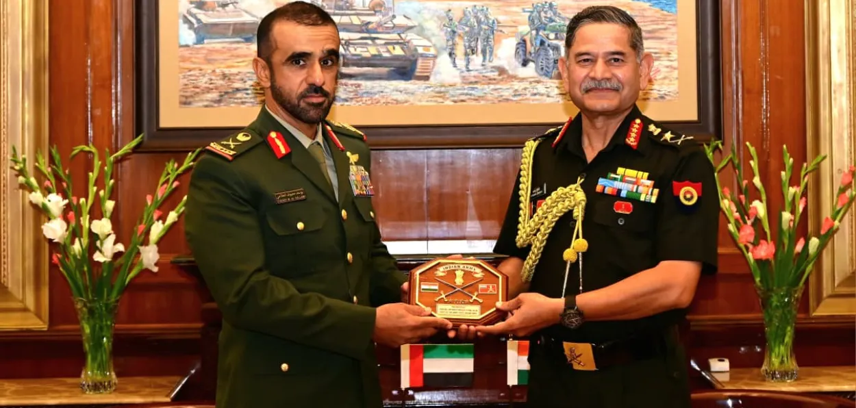 Major General Yousef Maayouf Saeed Al Hallami, Commander of the United Arab Emirates Land Forces, and the COAS General Upendra Dwivedi in New Delhi