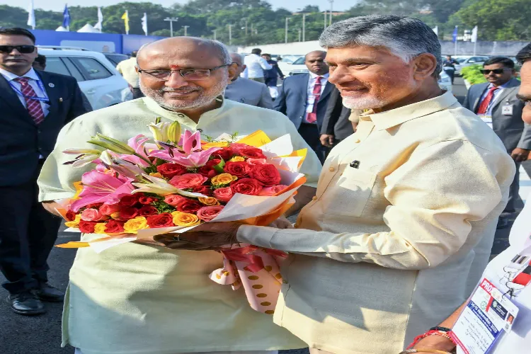 Vice President C P Radhakrishnan being welcomed by Andhra Pradesh Chief Minister N Chandrababu Naidu in Visakhapatnam