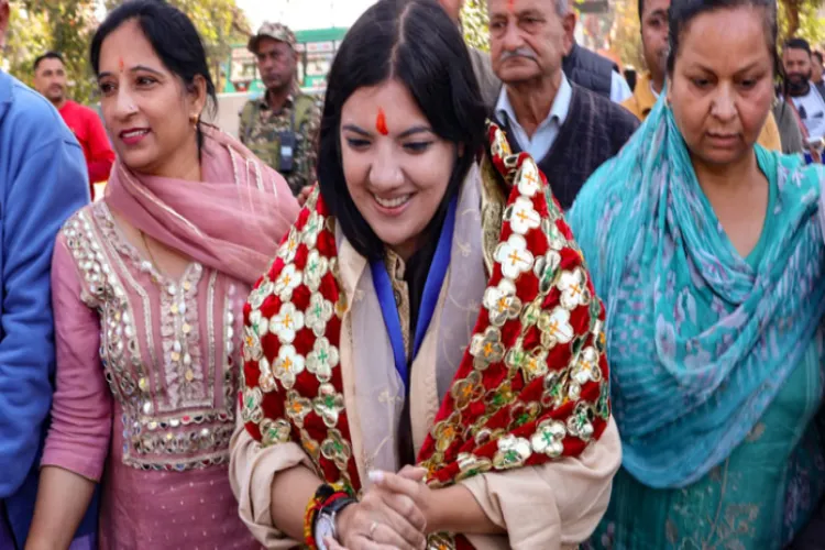 Devyani Rana, BJP, with supporters after winning the Nagrota by--election in J&K