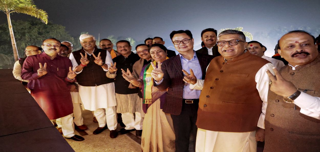 Union Ministers Dharmendra Pradhan, Kiren Rijiju, Delhi Chief Minister Rekha Gupta, MP Ravi Shankar Prasad and other leaders during celebrations for the NDA's victory in the Bihar Assembly elections at the BJP Headquarters in New Delhi.