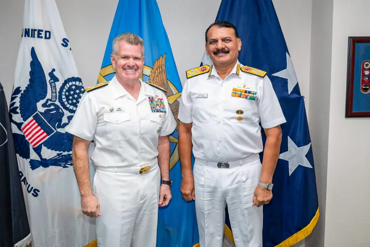 Navy chief Admiral Dinesh K Tripathi with Commander of U.S. Indo-Pacific Command Admiral Samuel J Paparo during a meeting as part of the former's ongoing official visit to the United States. 