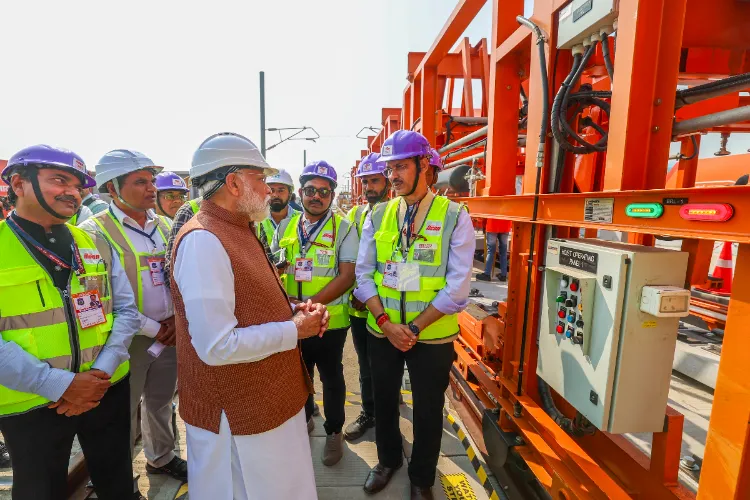 Prime Minister Narendra Modi during a visit to the under-construction bullet train station in Surat