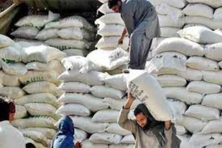 A labourer headloading wheat flour bags in a city in Pakistan