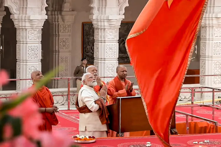 PM Modi with UP CM and RSS chief during the Dhwajarohan ceremony at the Ram Temple